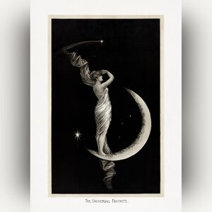 Vintage Moonlight Illustration Print - Woman on Crescent Moon